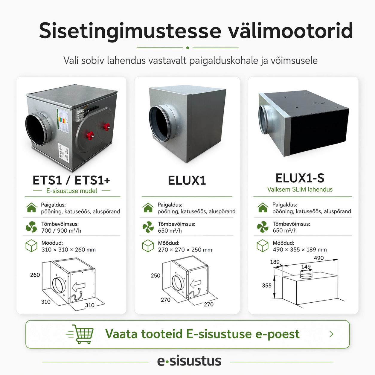 E-sisustuse välimootorid sisetingimustesse õhupuhastile